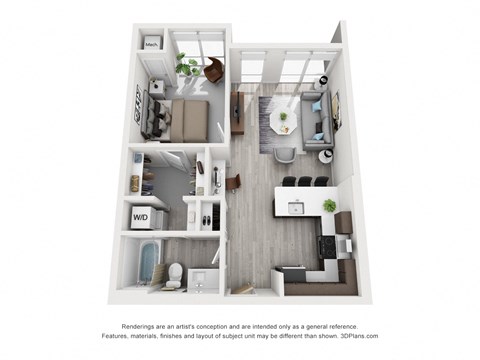 Floor plan for 1 bed, 1 bath, 727 sqft